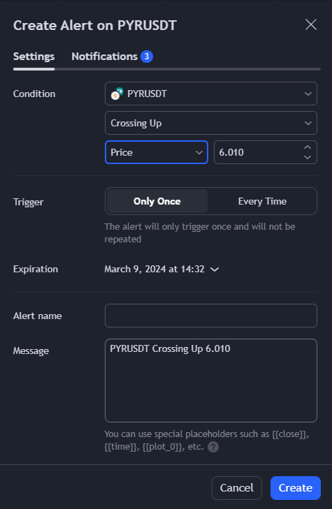 TradingView create alert popup